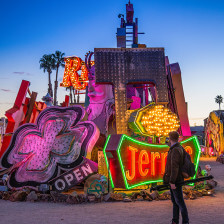 Signage glows at the Neon Sign Museum in Las Vegas, Nevada