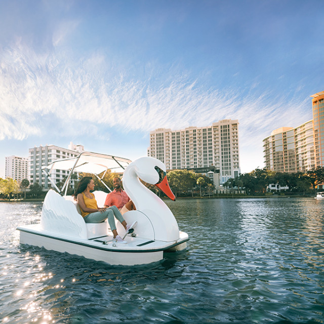 Pedaling a swan boat around Lake Eola in Orlando, Florida