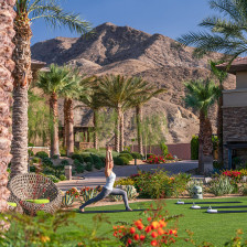 Practicing yoga amid mountain scenery in Rancho Mirage, California