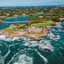 Aerial view of mansions on the rocky coast of Newport, Rhode Island