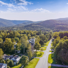 Aerial view of charming Dorset, Vermont, and the surrounding hillsides
