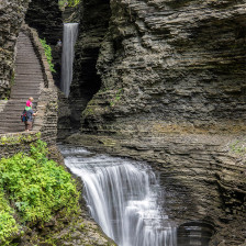 Viewing waterfalls from a stairway trail in Watkins Glen State Park, New York State